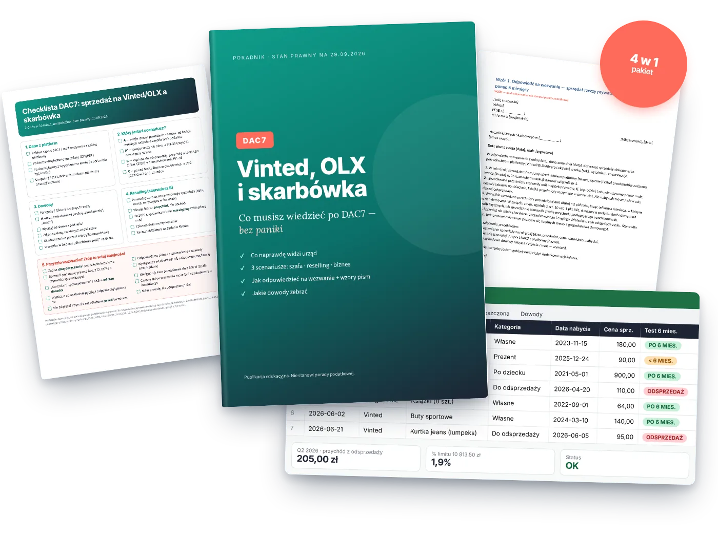 Pakiet: ebook Vinted, OLX i skarbówka, arkusz ewidencji sprzedaży, wzory pism i checklista